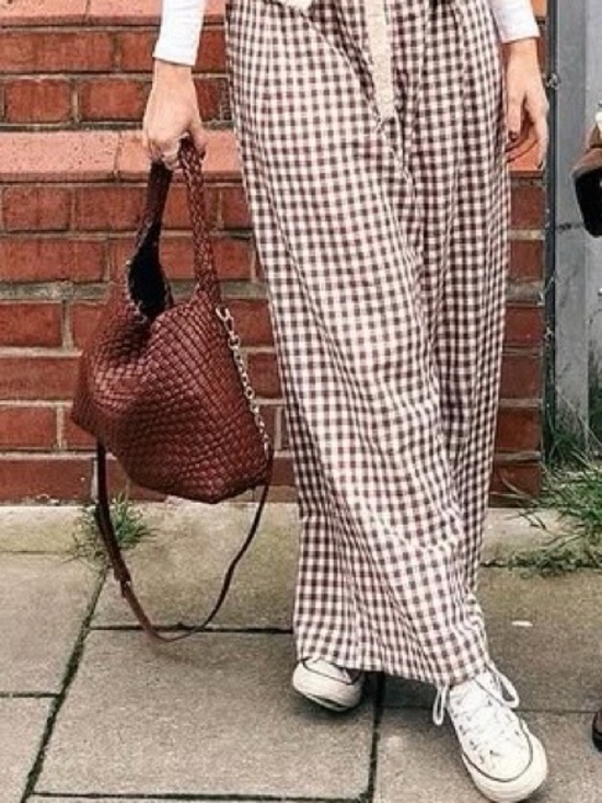 Pants - Wide Leg Gingham Pants in Brown/White